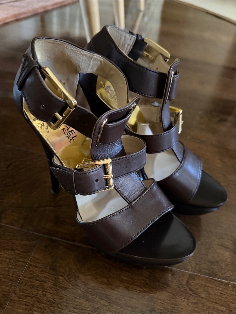 MICHAEL Michael Kors Brown Leather Strappy High Heel Sandals with Gold Buckles
